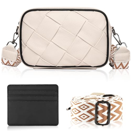 Damen Umhängetasche, Echtes Leder Handgestricktes Crossbody Bag, Umhängetasche Damen Klein Bauchtasche Damen Stylisch Breiter Gurt mit Schwarzes Kartenetui für Tägliches Arbeiten Einkaufen (mibaise) von WDJLNZB