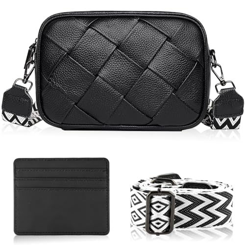 Damen Umhängetasche, Echtes Leder Handgestricktes Crossbody Bag, Umhängetasche Damen Klein Bauchtasche Damen Stylisch Breiter Gurt mit Schwarzes Kartenetui für Tägliches Arbeiten Einkaufen (heise) von WDJLNZB