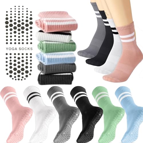 WDJLNZB Stoppersocken Yoga Socken Damen, 6 Paar Sportsocken Rutschfeste Socken Damen Lang Yoga Socken Rutschfest, Antirutschsocken Warm Erwachsene für Erwachsene Haussocken Pilates Grip Barfuß von WDJLNZB