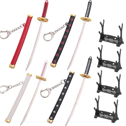 WDKLSJ Mini Katana Schlüsselanhänger Set, One Piece Anime Samurai Schwert Deko mit Ständer, 4 Verschiedene Designs von WDKLSJ
