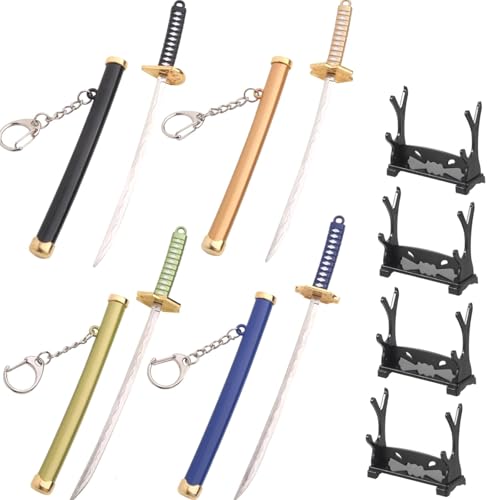 WDKLSJ Mini Katana Schlüsselanhänger Set mit Displayständer, Anime Samurai Schwert Kollektion, 4 Farben, Geschenk für Sammler von WDKLSJ