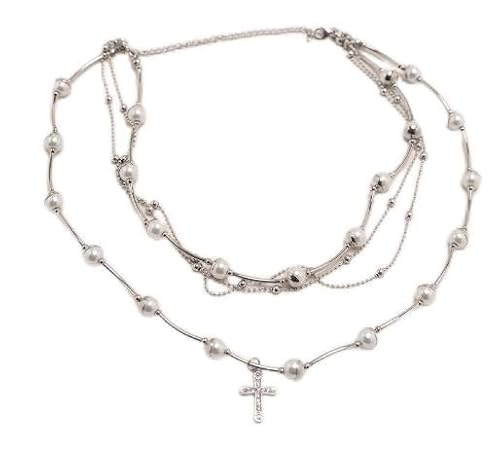 WDKLSJ Transmutation Energy Elegante Perlenkette mit Kreuz-Anhänger, Multi-Line Design, Silber WDKLSJ Transmutation Energy Elegante Perlenkette mit Kreuz-Anhänger, Multi-Line Design, Silber von WDKLSJ