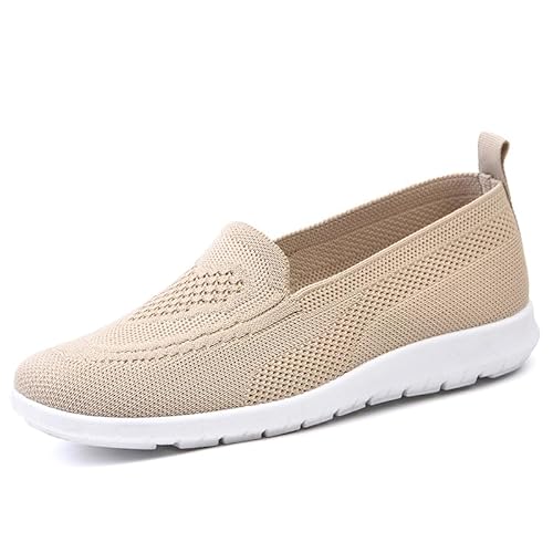 WDRHC Damen Slip On Sneaker Memory Foam Walkingschuhe Mesh Leichte Atmungsaktiv Freizeitschuhe Fitness Turnschuhe Laufschuhe Flache Schuhe Beige von WDRHC