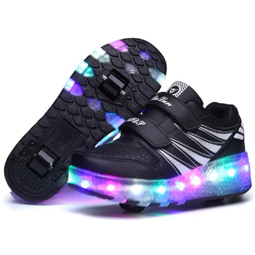 WDRHC Jungen Mädchen Skateboard Schuhe mit LED Blinkend Schuhe mit 2 Rollen Rollen Skate Automatisch Einziehbar Komfort Outdoor Sportschuhe für Kinder Halloween und Weihnachten Geschenk von WDRHC