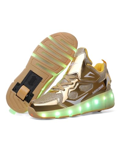 WDRHC Jungen Mädchen Skateboard Schuhe mit LED Blinkend Schuhe mit Rollen Skate Automatisch Einziehbar Komfort Outdoor Sportschuhe für Kinder Golden von WDRHC