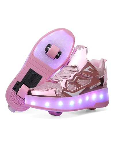 WDRHC Jungen Mädchen Skateboard Schuhe mit LED Blinkend Schuhe mit Rollen Skate Automatisch Einziehbar Komfort Outdoor Sportschuhe für Kinder Rosa von WDRHC