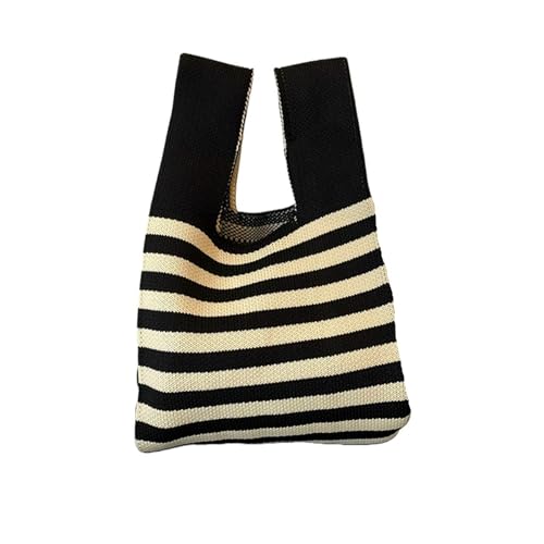 WDSBZNB Knotentasche Dünne Streifen Plaid Einkaufstasche Frauen Mini Knoten Handgelenk Tasche Casual Farbe Handgemachte Stricken Handtasche Wiederverwendbare Schlüssel Geldbörse(Black) von WDSBZNB