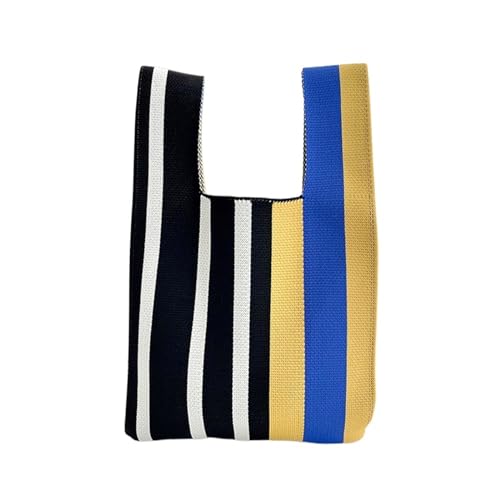 WDSBZNB Knotentasche Dünne Streifen Plaid Einkaufstasche Frauen Mini Knoten Handgelenk Tasche Casual Farbe Handgemachte Stricken Handtasche Wiederverwendbare Schlüssel Geldbörse(Blue Black) von WDSBZNB