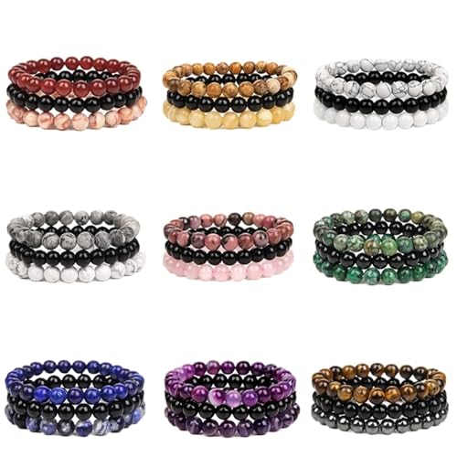 WDSBZNB Kristall Armband 3 Teile/Satz Stein Armband Rose Quartzs Obsidian Amethysten Tigerauge Perlen Elastisches Armband for Frauen Männer(23cm_Set No.6) von WDSBZNB