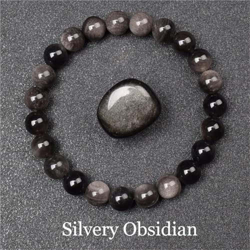 WDSBZNB Kristall Armband Goldene Obsidian Stein Perlen Armband Männer Frauen Goldene Licht Regenbogen Obsidian Rohstein Runde Perle Energie Schmuck(17cm_8MM Beads_9 Silver Obsidian) von WDSBZNB