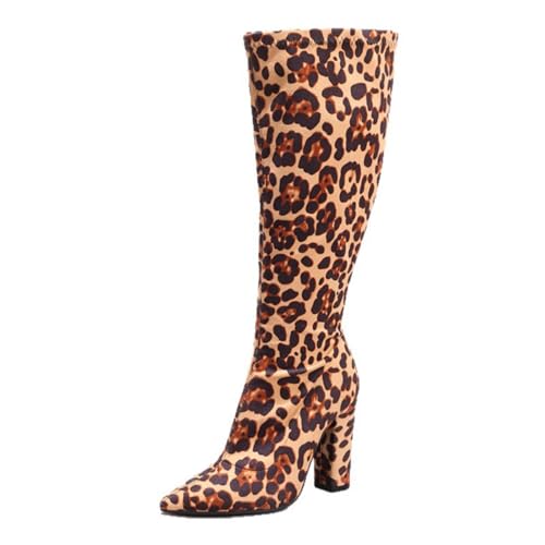 WDUDSUDUW Frauen gestickt, Lange Stiefel, Spitze Zehen Dicke Fersenknie-hohe Stiefel, westliche Stiefel mit breiter Barrel-Denim,Leopard Print,38 EU von WDUDSUDUW