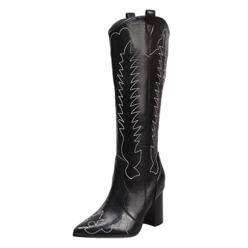 WDUDSUDUW Frauen gestickt, Lange Stiefel, Spitze Zehen Dicke Fersenknie-hohe Stiefel, westliche Stiefel mit breiter Barrel-Denim,Schwarz,37 EU von WDUDSUDUW