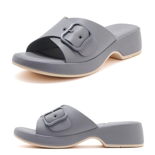 WDUDSUDUW Damen Plateau-Keilsandalen mit offener Spitze, Slip-on, verstellbare Keilschuhe,Grau,45 EU von WDUDSUDUW