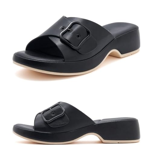 WDUDSUDUW Damen Plateau-Keilsandalen mit offener Spitze, Slip-on, verstellbare Keilschuhe,Schwarz,42 EU von WDUDSUDUW