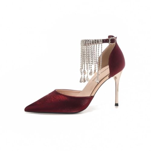 WDUDSUDUW Geschlossene Damen-High-Heels Mit Spitzem Absatz, Riemchensandalen Mit Strasssteinen, Satin-High-Heels, Brautschuhe, Ball- Und Party-Sandalen,Wine red,36.5 EU von WDUDSUDUW
