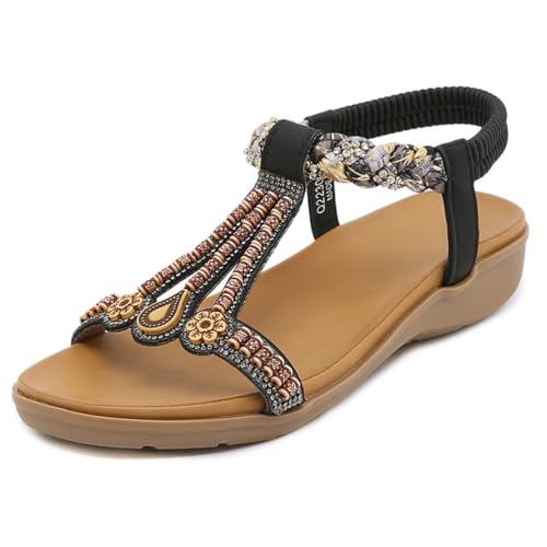 WDUDSUDUW Sommersandalen Für Damen 2025 Bohemian Für Flats Zum Spazierengehen Strandurlaub,Schwarz,37.5 EU von WDUDSUDUW