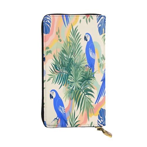 Blaue Papagei und Monstera, Leder, lange Geldbörse für Damen, 12 Kreditkartenfächer, Reißverschluss, Münzfach, Geldfächer, stilvolle Clutch für den täglichen Gebrauch von WDXQHY