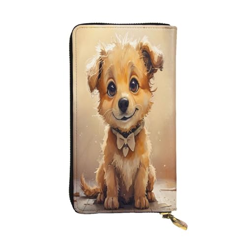 Brauner Welpe mit Schleife, lange Geldbörse aus Leder für Damen, 12 Kreditkartenfächer, Münzfach, Geldfächer, stilvolle Clutch für den täglichen Gebrauch von WDXQHY