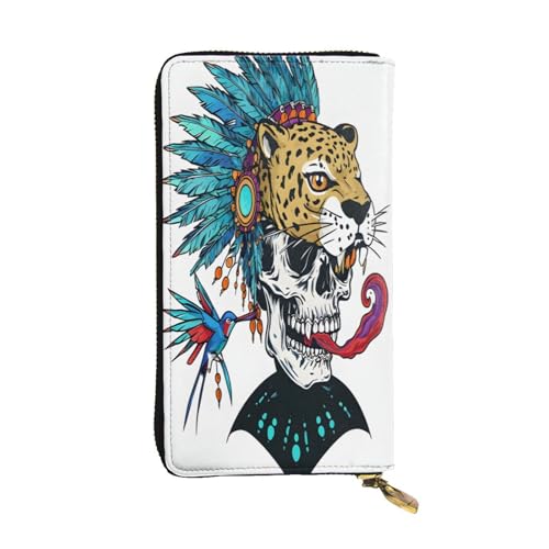 Cartoon-Stil Totenkopf Jaguar Kopfschmuck Leder Lange Geldbörse für Frauen 12 Kreditkartenfächer Reißverschluss Münzfach Bargeldfächer Stilvolle Clutch für den täglichen Gebrauch von WDXQHY