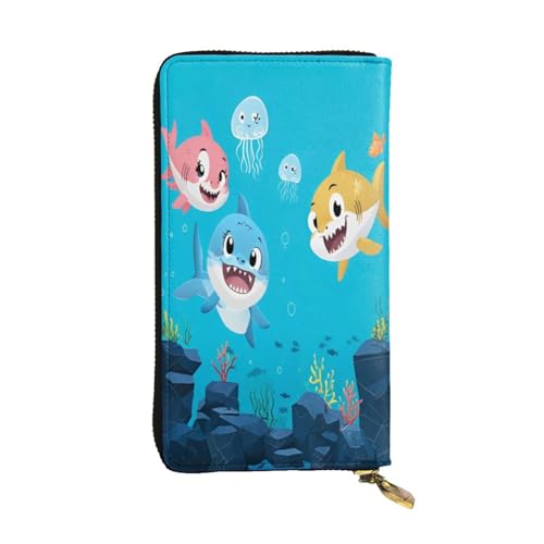 Lange Geldbörse aus Leder mit Cartoon-Hai- und Quallen, 12 Kreditkartenfächer, Münzfach, Geldfächer, stilvolle Clutch für den täglichen Gebrauch von WDXQHY