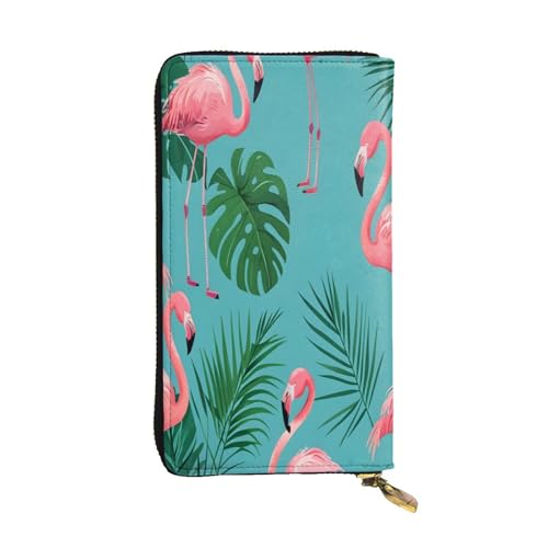 Lange Geldbörse aus Leder mit Flamingos und Palmblättern, 12 Kreditkartenfächer, Münzfach, Geldfächer, stilvolle Clutch für den täglichen Gebrauch von WDXQHY