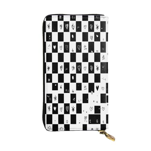 Lange Geldbörse aus Leder mit Schachbrettmuster und schwarzen Symbolen, 12 Kreditkartenfächer, Münzfach, Geldfächer, stilvolle Clutch für den täglichen Gebrauch von WDXQHY