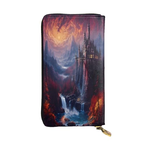 Lange Geldbörse aus Leder mit gotischem Schloss auf einer Klippe, 12 Kreditkartenfächer, Münzfach, Geldfächer, stilvolle Clutch für den täglichen Gebrauch von WDXQHY