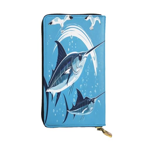 Langes Portemonnaie aus Leder mit Schwertfisch und Möwen für Damen, 12 Kreditkartenfächer, Reißverschluss, Münzfach, Geldfächer, stilvolle Clutch für den täglichen Gebrauch von WDXQHY