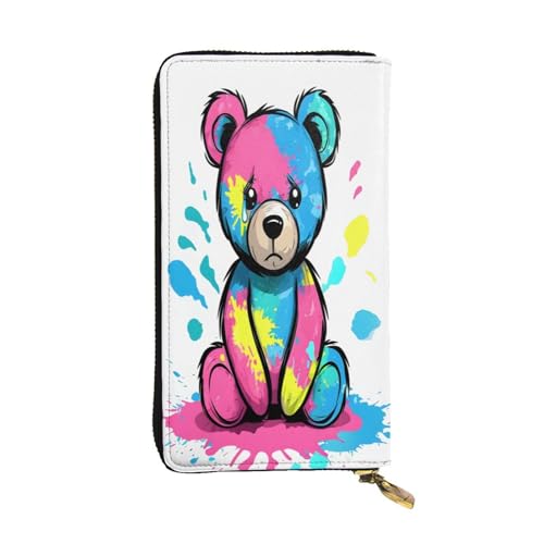Langes Portemonnaie aus Leder mit traurigem Cartoon-Teddybär-Design für Damen, 12 Kreditkartenfächer, Münzfach, Geldfächer, stilvolle Clutch für den täglichen Gebrauch von WDXQHY