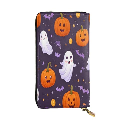 Pumpkins and Ghosts Damen Leder Geldbörse lang 12 Kreditkartenfächer Reißverschluss Münzfach Bargeldfächer Elegante Tasche für den Gebrauch von WDXQHY