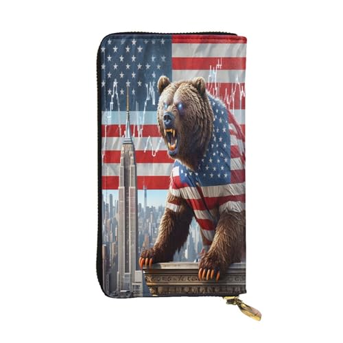 Roaring patriotic bear Leder lange Geldbörse für Damen, 12 Kreditkartenfächer, Reißverschluss, Münzfach, Geldfächer, stilvolle Clutch für den täglichen Gebrauch von WDXQHY