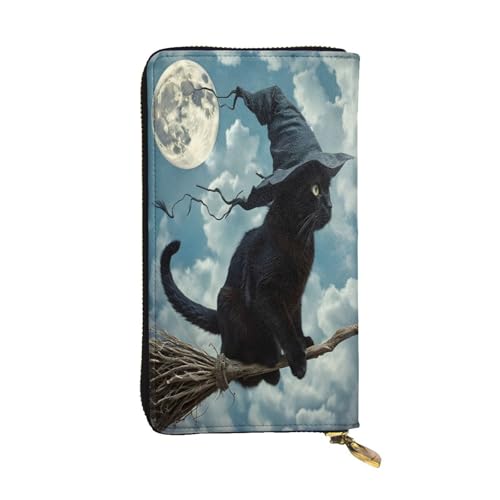Schwarze Katze auf dem Besenstiel, lange Geldbörse aus Leder für Damen, 12 Kreditkartenfächer, Münzfach, Geldfächer, stilvolle Clutch für den täglichen Gebrauch von WDXQHY