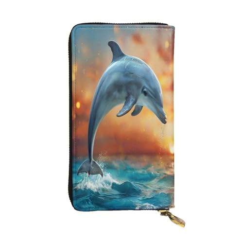 Springender Delfin-Ledergeldbörse für Damen, 12 Kreditkartenfächer, Münzfach, Geldfächer, stilvolle Clutch für den täglichen Gebrauch von WDXQHY