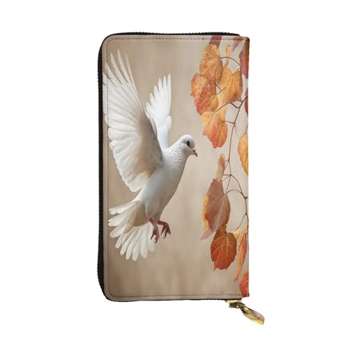 Weiße Taube im Flug mit lebhaften Herbstblättern, lange Geldbörse aus Leder für Damen, 12 Kreditkartenfächer, Münzfach, Geldfächer, stilvolle Clutch für den täglichen Gebrauch von WDXQHY
