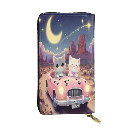 Zwei Kätzchen im Auto, lange Geldbörse aus Leder für Damen, 12 Kreditkartenfächer, Münzfach, Geldfächer, stilvolle Clutch für den täglichen Gebrauch von WDXQHY