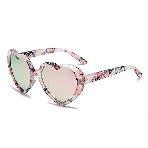 WDZAYXC Herz Polarisierte Retro Sonnenbrille für Damen und Herren, Gradient Gläser, süß und stylisch, UV400 Schutz(Fragmentierte Blüten/rosa Quecksilber) von WDZAYXC