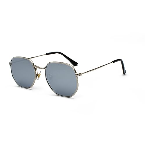 WDZAYXC Klassische polygonale geprägte Design Sonnenbrille mit Metallrahmen für Herren und Damen, UV-Schutz(Silber/Silber reflektierend) von WDZAYXC