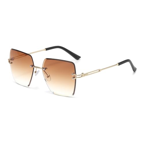 WDZAYXC Quadratische randlose Sonnenbrille für Damen Herren, Trendy Gradient Color Lens, Gold Metallrahmen & schwarzer Tempel, UV-Schutz Mode Brille (Gradient Braun) von WDZAYXC