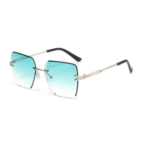 WDZAYXC Quadratische randlose Sonnenbrille für Damen Herren, Trendy Gradient Color Lens, Gold Metallrahmen & schwarzer Tempel, UV-Schutz Mode Brille (Gradient Türkis) von WDZAYXC