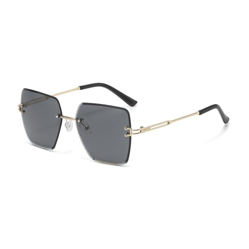 WDZAYXC Quadratische randlose Sonnenbrille für Damen Herren, Trendy Gradient Color Lens, Gold Metallrahmen & schwarzer Tempel, UV-Schutz Mode Brille (Schwarz) von WDZAYXC