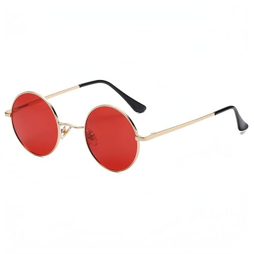 WDZAYXC Retro Classic Runde polarisierte Sonnenbrille mit Metallrahmen für Herren und Damen(Gold/Rot) von WDZAYXC