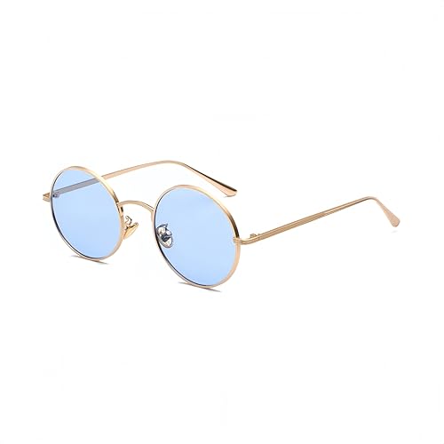 WDZAYXC Retro Runde Metallrahmen Sonnenbrille für Damen und Herren,UV400 Schutz (Gold/Blau) von WDZAYXC