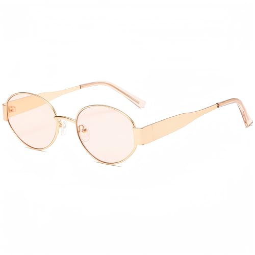 WDZAYXC Retro oval Metall modische Sonnenbrille für Damen Herren, UV-Schutz(Gold/rosa) von WDZAYXC