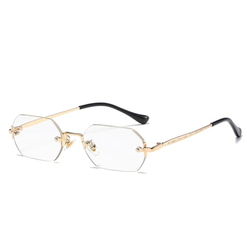 WDZAYXC Retro randlose Sonnenbrille für Damen Herren Hexagonal Sonnenbrille-Gold/Transparent von WDZAYXC