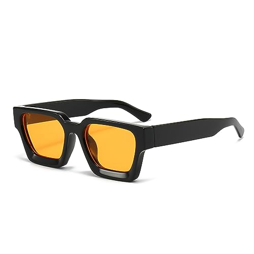 WDZAYXC Vintage Rechteckige Sonnenbrille für Damen Herren Chunky Rectangle Sunglasses Retro Brille UV400 Schutz(Schwarz/Gelb) von WDZAYXC