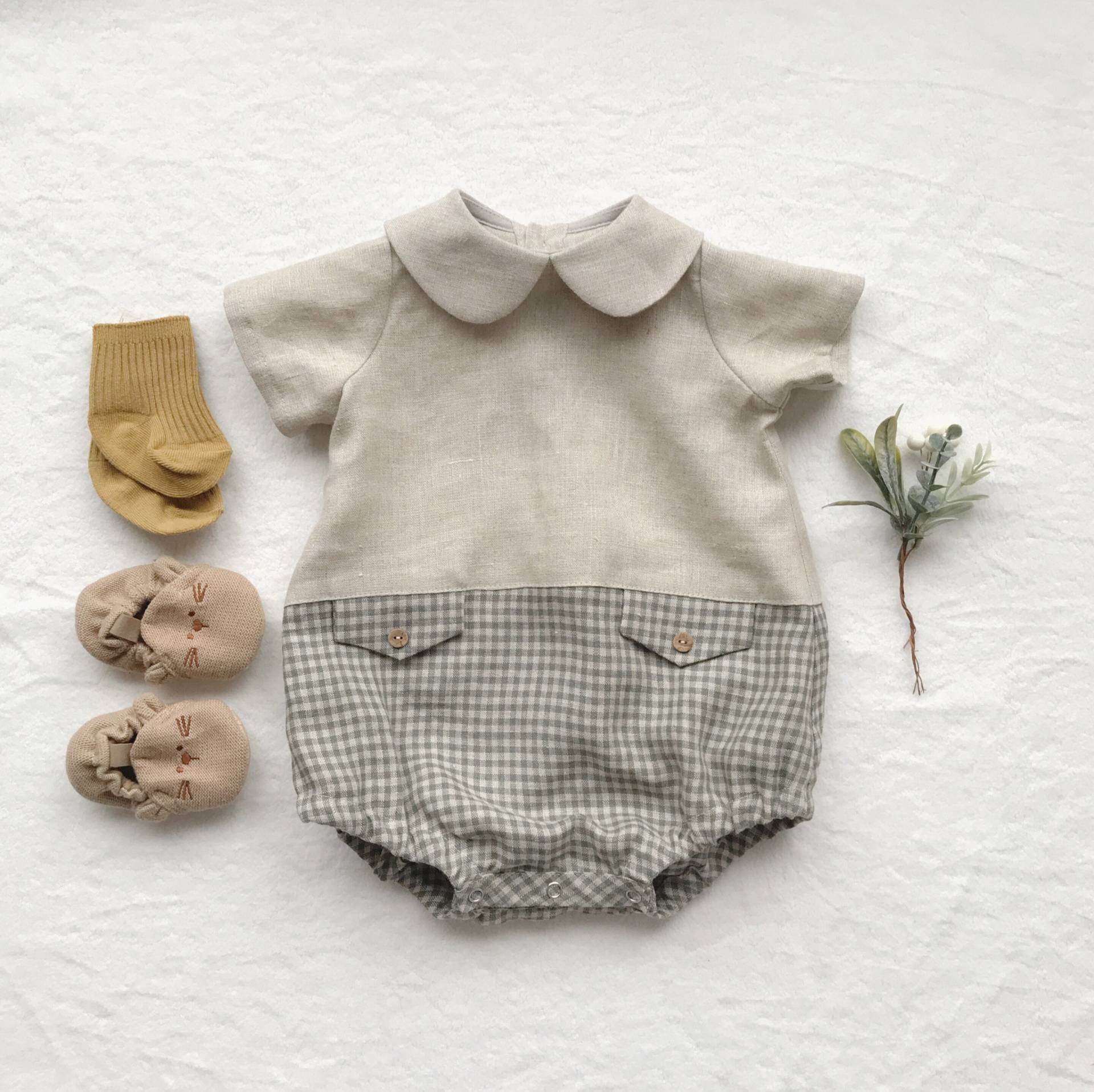 Baby Jungen Strampler Leinen Overall Peter Pan Kragen Sommeranzug Taufe Outfit Kurzarm Nachhaltige Kleidung Strandmode von WDbloom