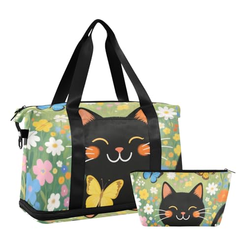 Art Ölgemälde Garten Katze Handgepäck Weekender Übernachtungstasche mit Nasstasche Verstellbarer Riemen Große Turnbeutel für Yoga 2-teiliges Set für Männer Frauen von WDdZzyy
