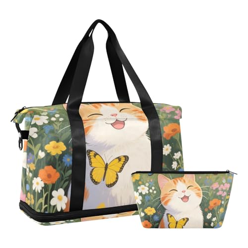 Art Ölgemälde Garten Katze Weekender Reisetasche mit Nasstasche Verstellbarer Riemen Sport Training Tasche für Reisen Große Kapazität für Männer Frauen von WDdZzyy
