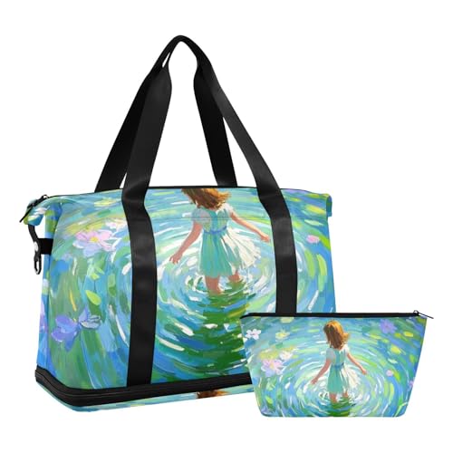 Art Ölgemälde Teich Mädchen Reisetasche mit Nasstasche Verstellbarer Riemen Workout Tasche für Trekking Multifunktional für Männer Frauen von WDdZzyy