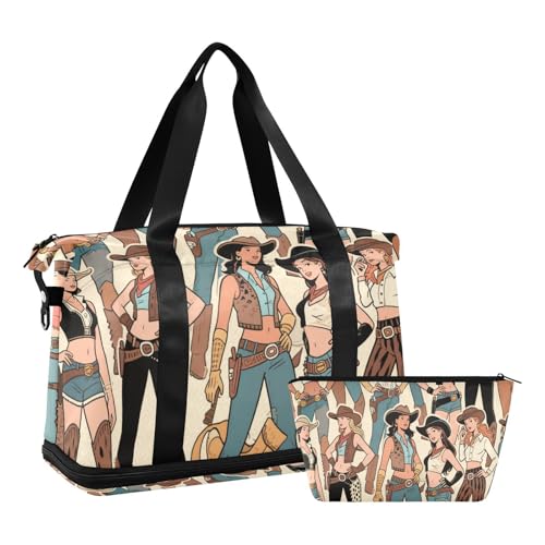 Beige Retro Western Kuh Frau Totenkopf Weekender Tasche mit Nasstasche Verstellbarer Riemen Gym Sport Carry für Geschäftsreisen Multifunktional für Männer Frauen von WDdZzyy